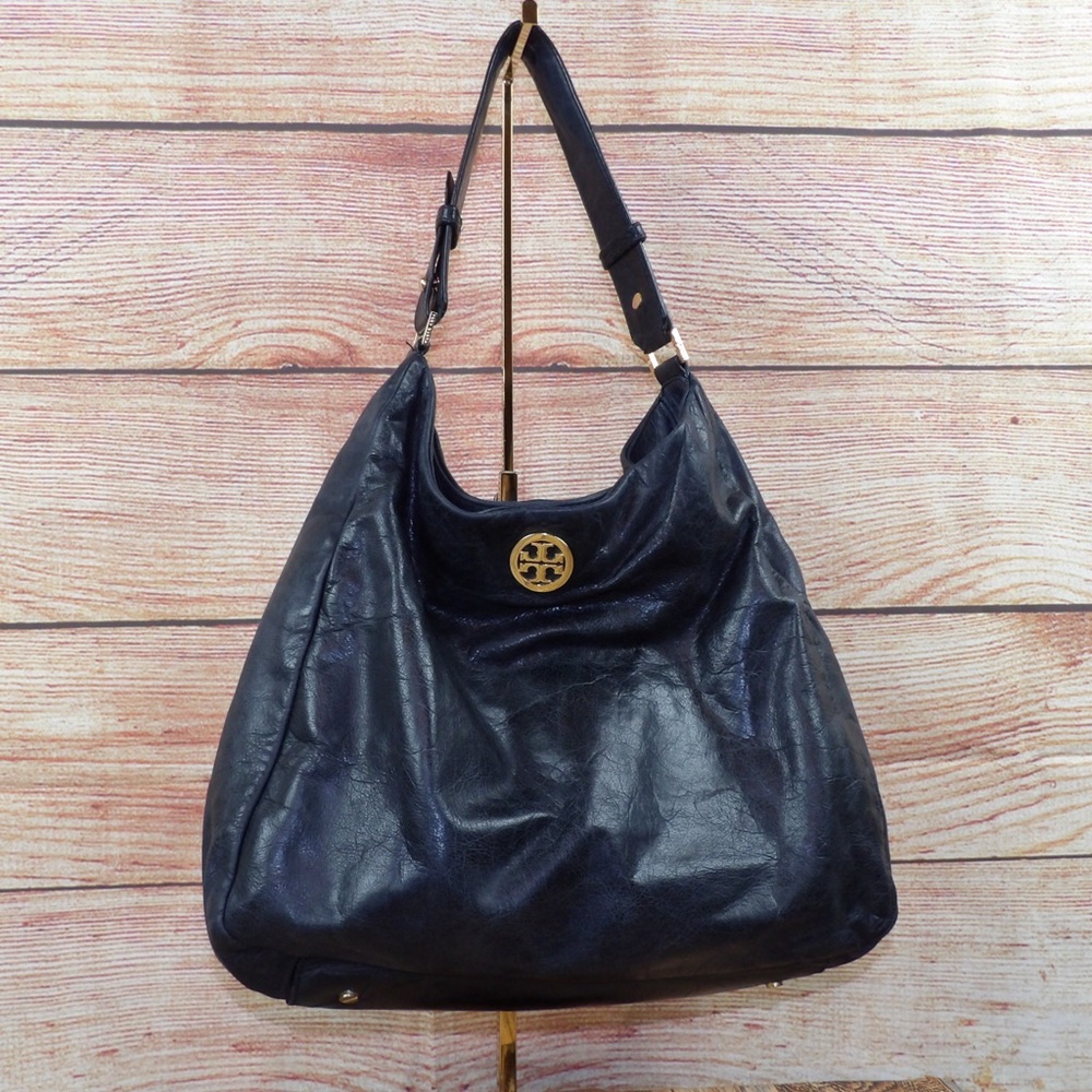 Tory Burch Dena Glazed Black Leather Hobo